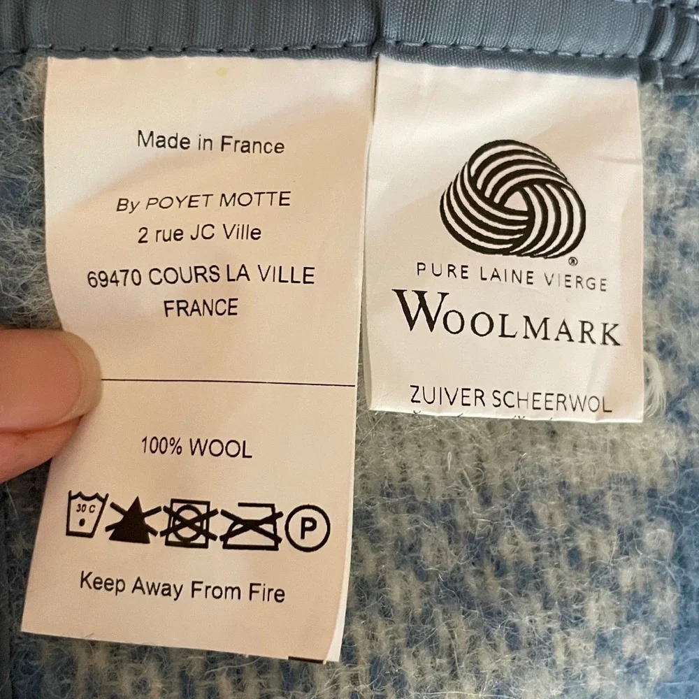 Vtg Poyet Motte France 100% Wool Blanket Size Queen Blue Plaid Woolmark 94x90